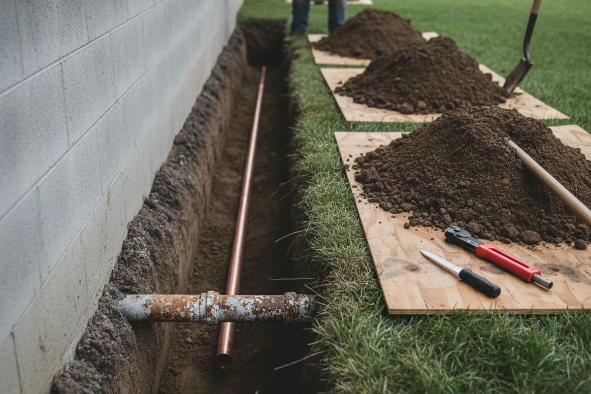 Excavated water line trench during Sewer Line Repair in Empire